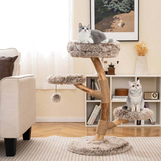 92CM Solid Pear Wood Cat Tree with Perch and Dangling Ball-Grey