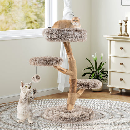 92CM Solid Pear Wood Cat Tree with Perch and Dangling Ball-Grey