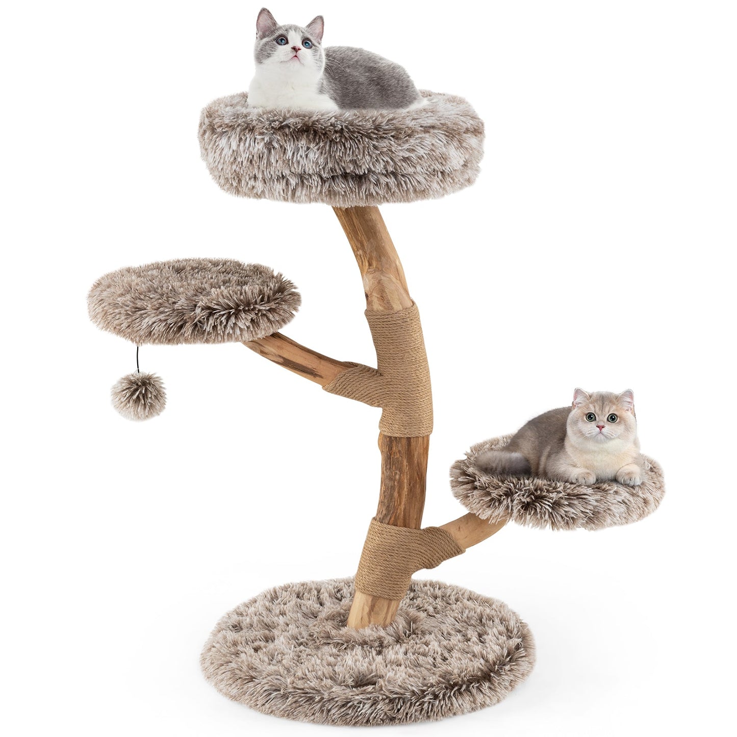 92CM Solid Pear Wood Cat Tree with Perch and Dangling Ball-Grey