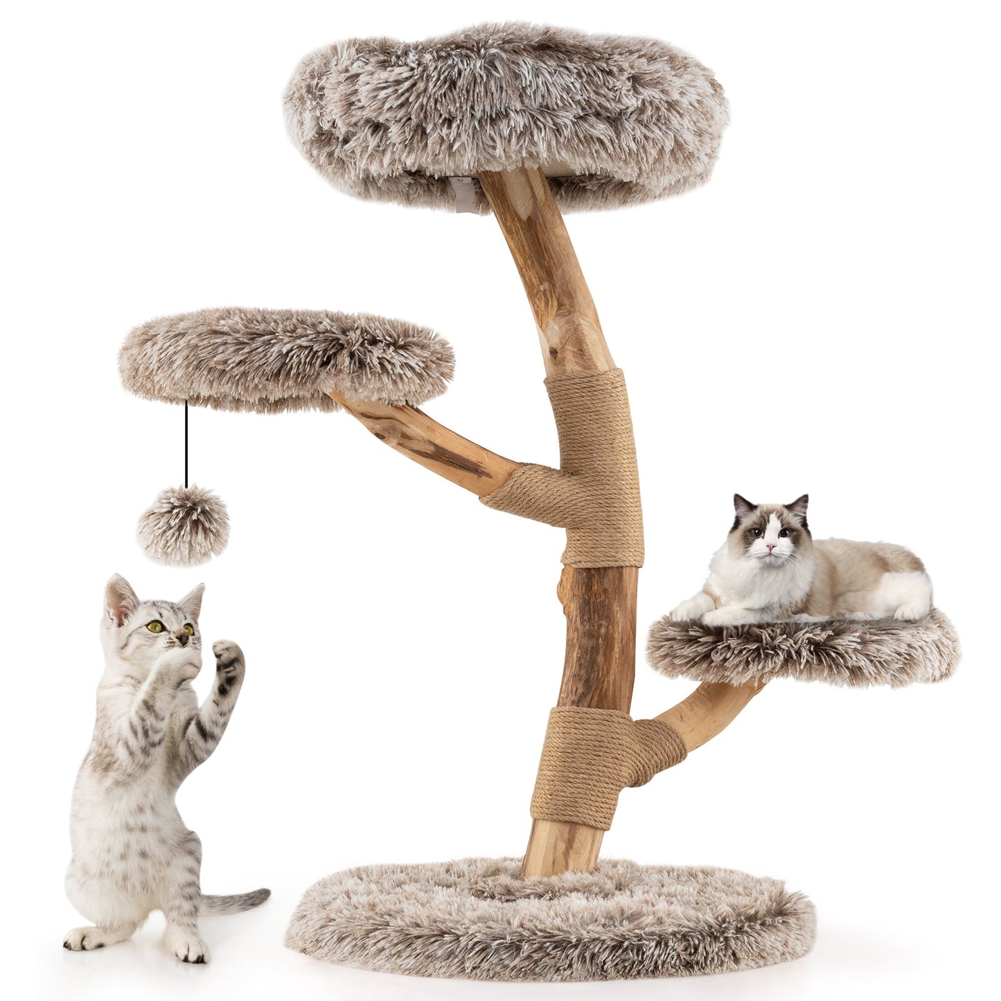 92CM Solid Pear Wood Cat Tree with Perch and Dangling Ball-Grey