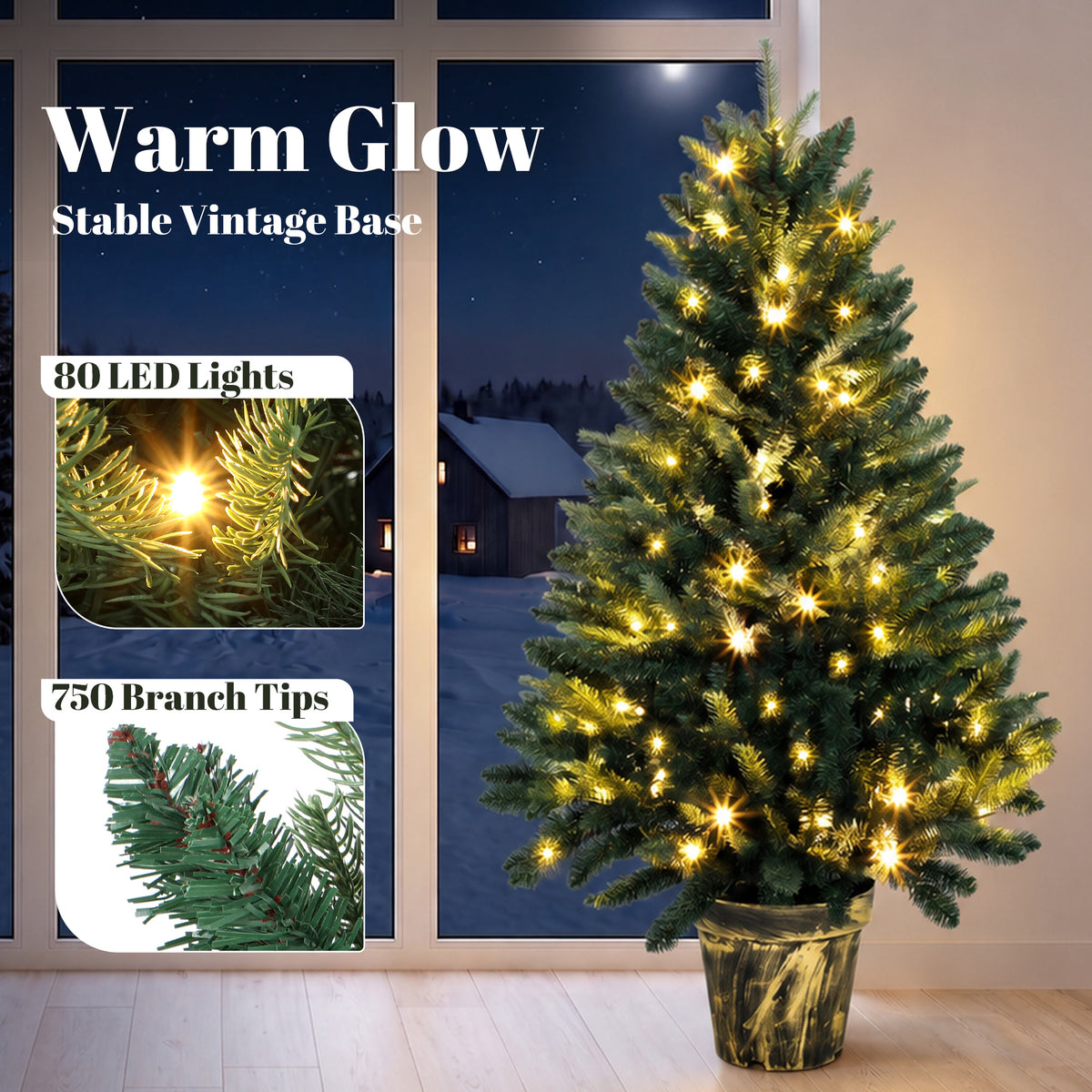 HOMCOM Realistic Xmas Tree, 4ft Prelit Artificial Christmas Tree with 80 Lights, Green