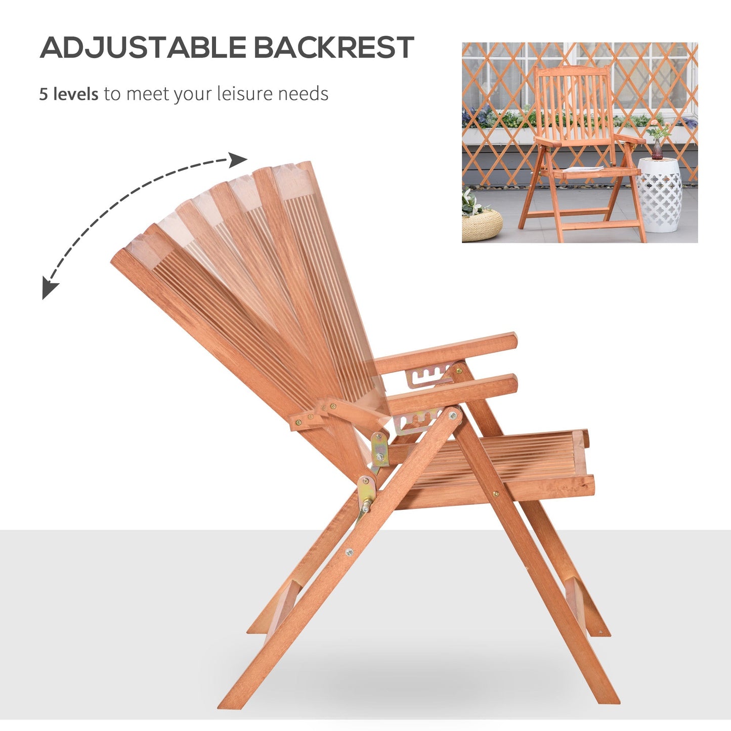 Outsunny Outdoor Retro Style Garden Folding Dining Chair Patio Armchair Acacia Wood 5-Position Adjustable Recliner Reclining Seat