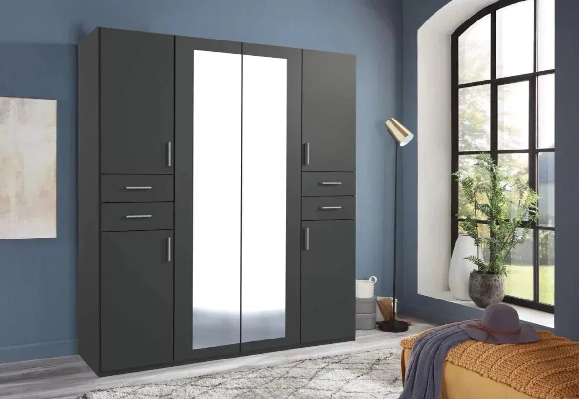 FENTON 6 Door 4 Drawers Mirrored Wardrobe Finish Graphite 180cm