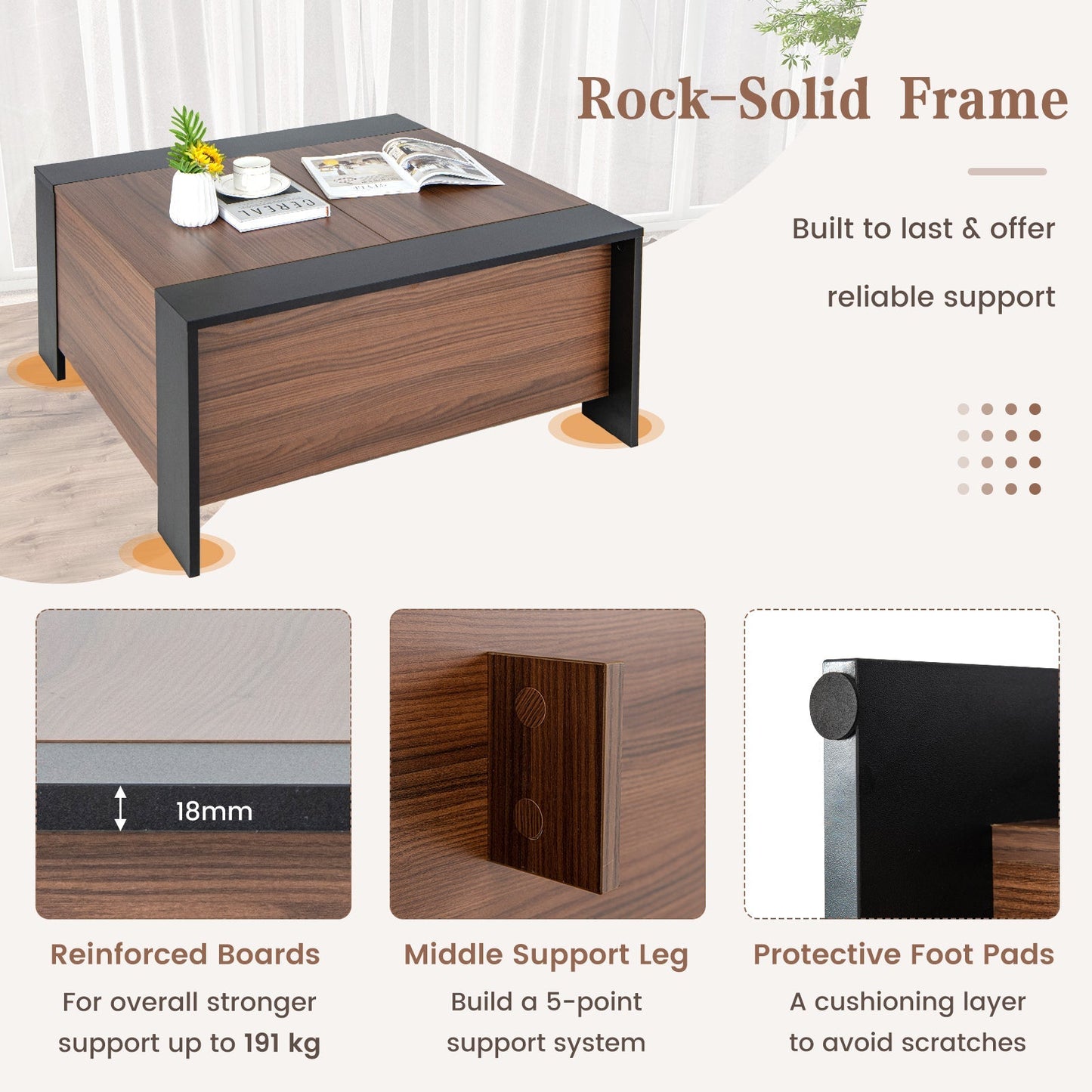 92cm Square Coffee Table with Sliding Top and Hidden Compartment-Walnut