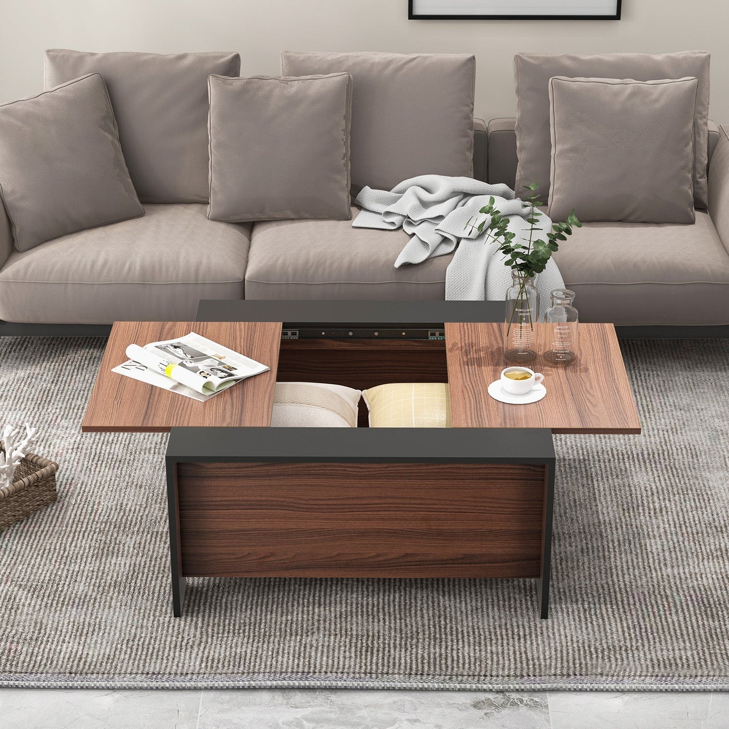 92cm Square Coffee Table with Sliding Top and Hidden Compartment-Walnut
