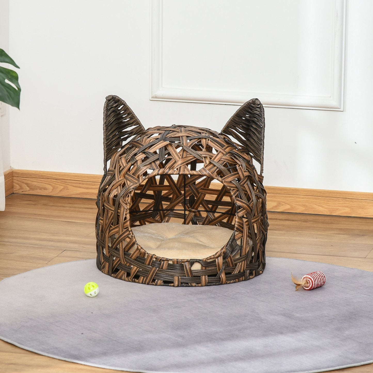 PawHut Wicker Cat Bed Rattan Kitten Basket Pet Den. House with Soft Cushion Brown