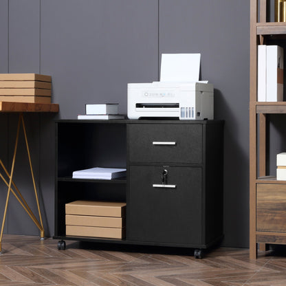 Vinsetto Filing Cabinet with Wheels, Mobile Printer Stand with Open Shelves and Drawers for A4 Size Documents, Black