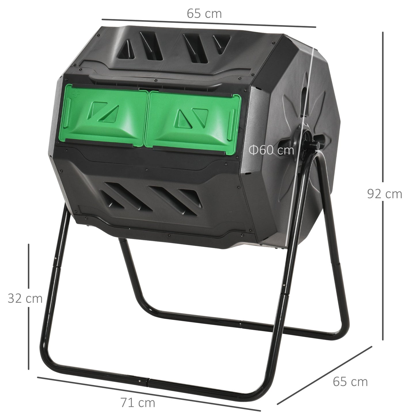 Outsunny 160L Tumbling Compost Bin Outdoor Dual Chamber 360° Rotating Composter, Garden Compost Bin w/ Sliding Doors & Solid Steel Frame, Black