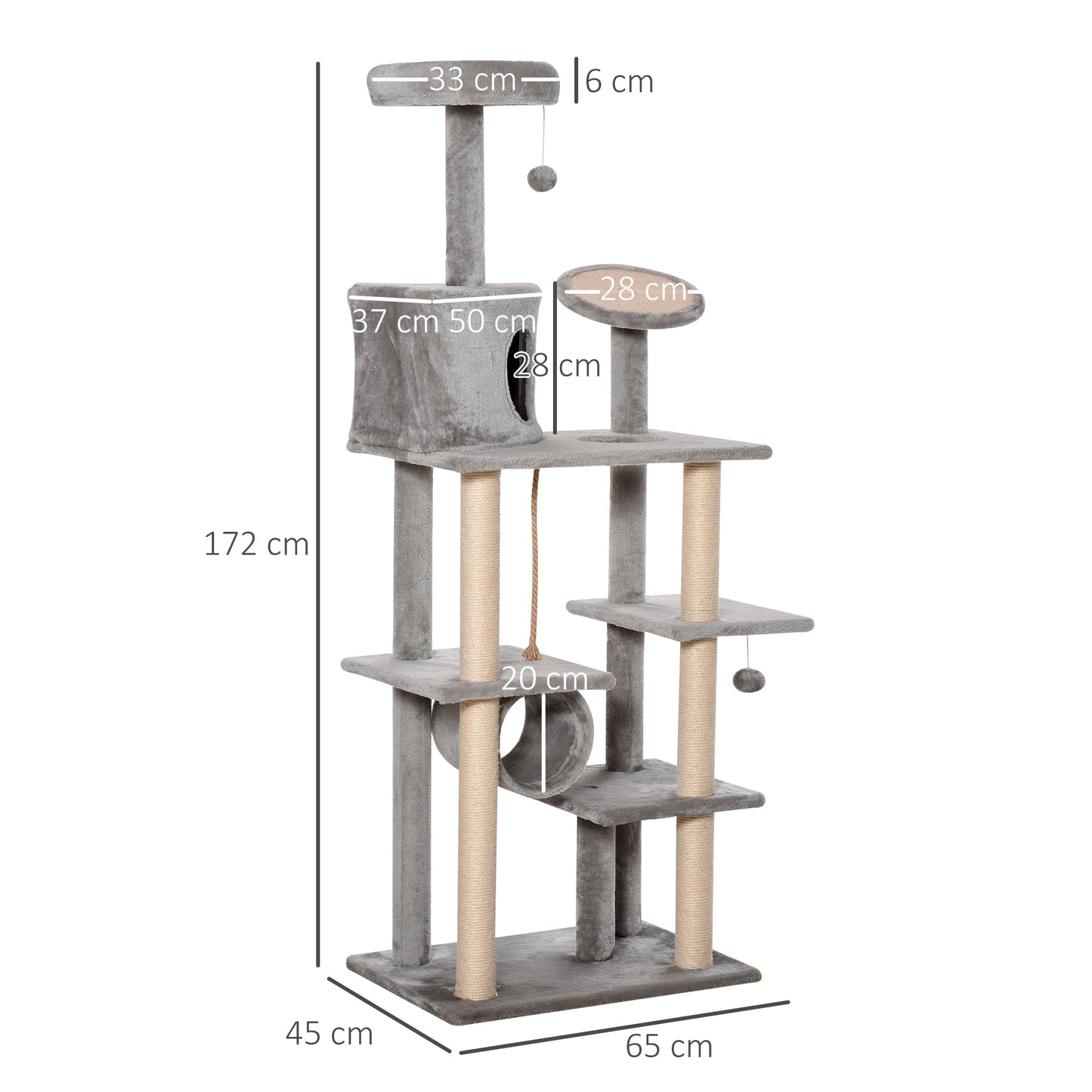 PawHut Cat tree Tower 179cm Climbing Activity Centre Kitten with Jute Scratching Post Pad Condo Perch Hanging Balls Teasing Rope Toy Dark Grey