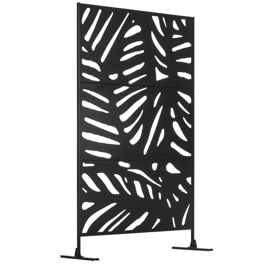 Outsunny Dekoracyjny Ekran Prywatności Ogrodowej ze Stojakiem, 6.5FT Wolnostojący Metalowy Zewnętrzny Przegroda, Dekoracyjny Panel Prywatności ze Śrubami Rozporowymi do Ogrodowego Basenu z Hydromasażem, Duży Styl Liści, Czarny