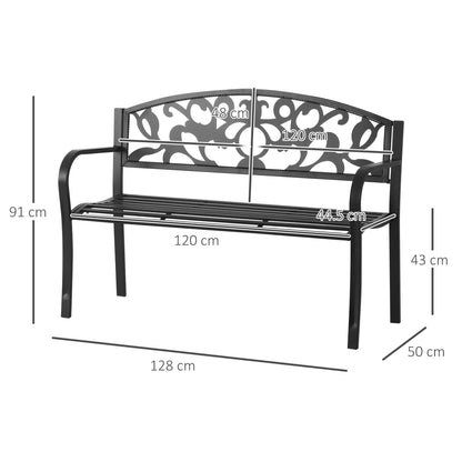 Outsunny 2 Seater Outdoor Patio Garden Metal Bench Park Yard Furniture Porch Chair Seat Black 128L x 91H x 50W cm