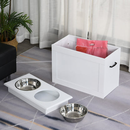 PawHut Raised Pet Feeding Storage Station with 2 Stainless Steel Bowls Base for Large Dogs and Other Large Pets, White