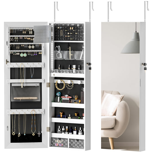 HOMCOM 108 x 37 cm Zamykana szafka na biżuterię z oświetleniem LED - biała powierzchnia i czarne podszycie