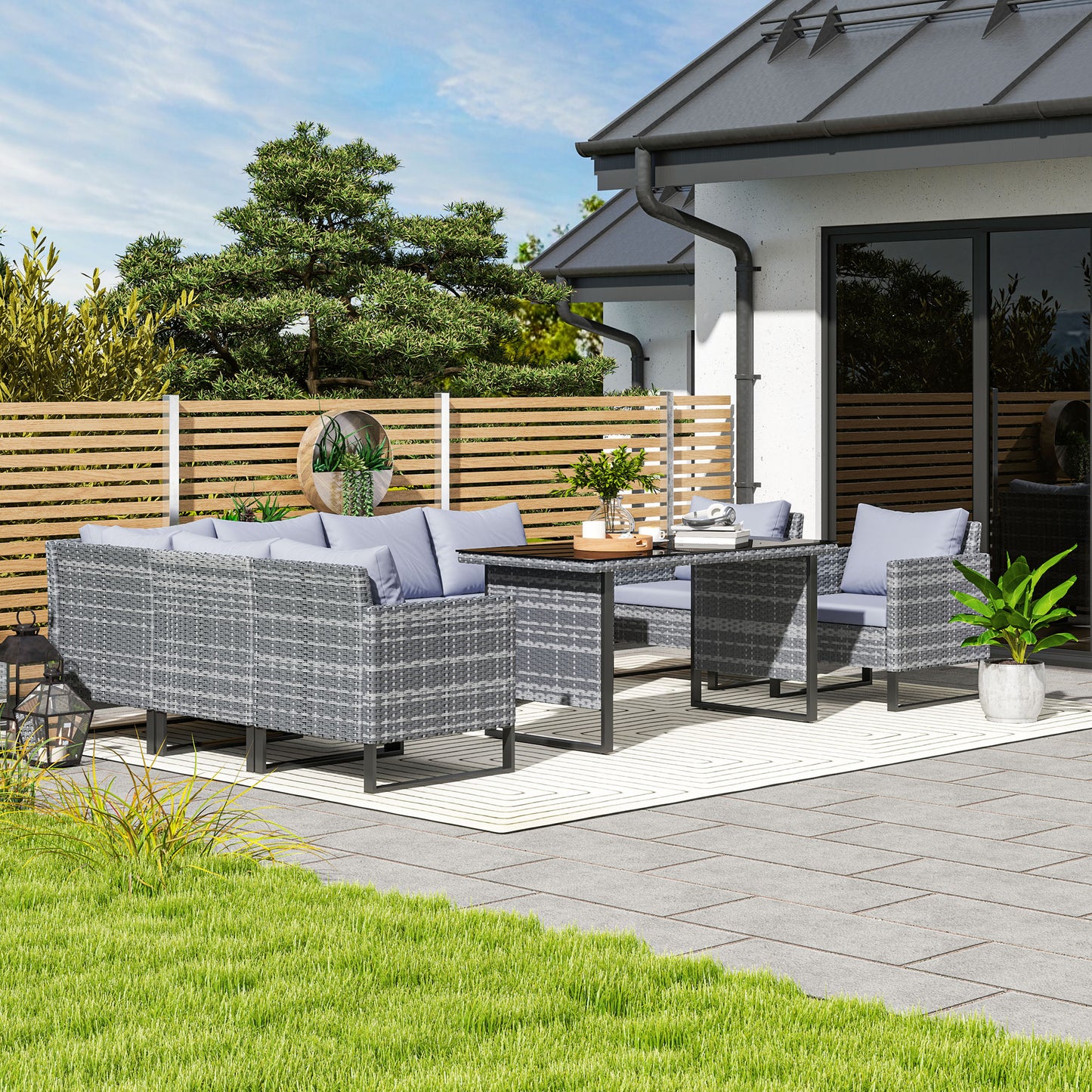 Outsunny 9 Piece Rattan Garden Furniture Set, 8 Seater Garden Corner Sofa with Cushions and Glass Top Table, Sectional Outdoor Furniture Conservatory Set for Patio, Light Grey