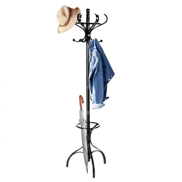Practical Birch Coat Stand with 360°Rotating Top Tier for Hat &amp; Jacket-Black