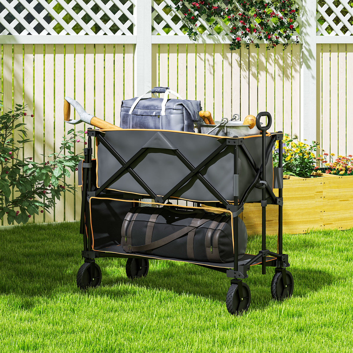 Outsunny Double Decker Folding Festival Trolley on Wheels, 200KG & 350L Capacity Collapsible Wagon Festival Trolley Cart with 134cm Extended for Camping Sports Shopping Garden and Beach, Grey