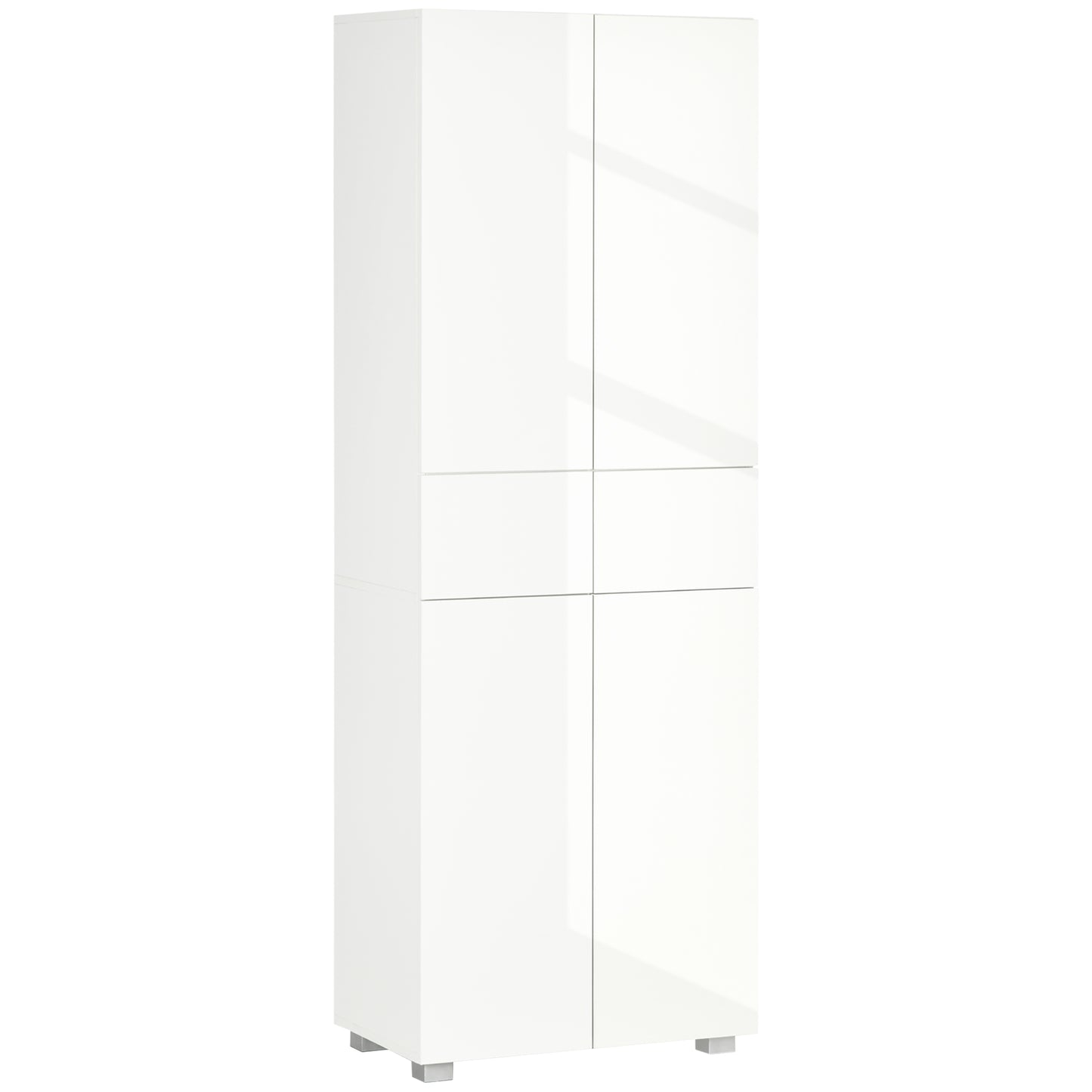HOMCOM 4-Door Kitchen Cupboard, Freestanding 5-Tier Storage Cabinet with 3 Adjustable Shelves, 2 Drawers for Living Room, Dining Room, Push to Open Design, High Gloss White