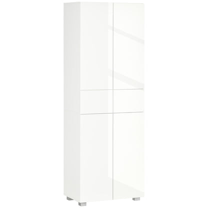 HOMCOM 4-Door Kitchen Cupboard, Freestanding 5-Tier Storage Cabinet with 3 Adjustable Shelves, 2 Drawers for Living Room, Dining Room, Push to Open Design, High Gloss White