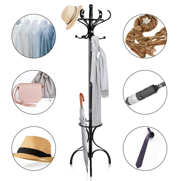 Practical Birch Coat Stand with 360°Rotating Top Tier for Hat &amp; Jacket-Black
