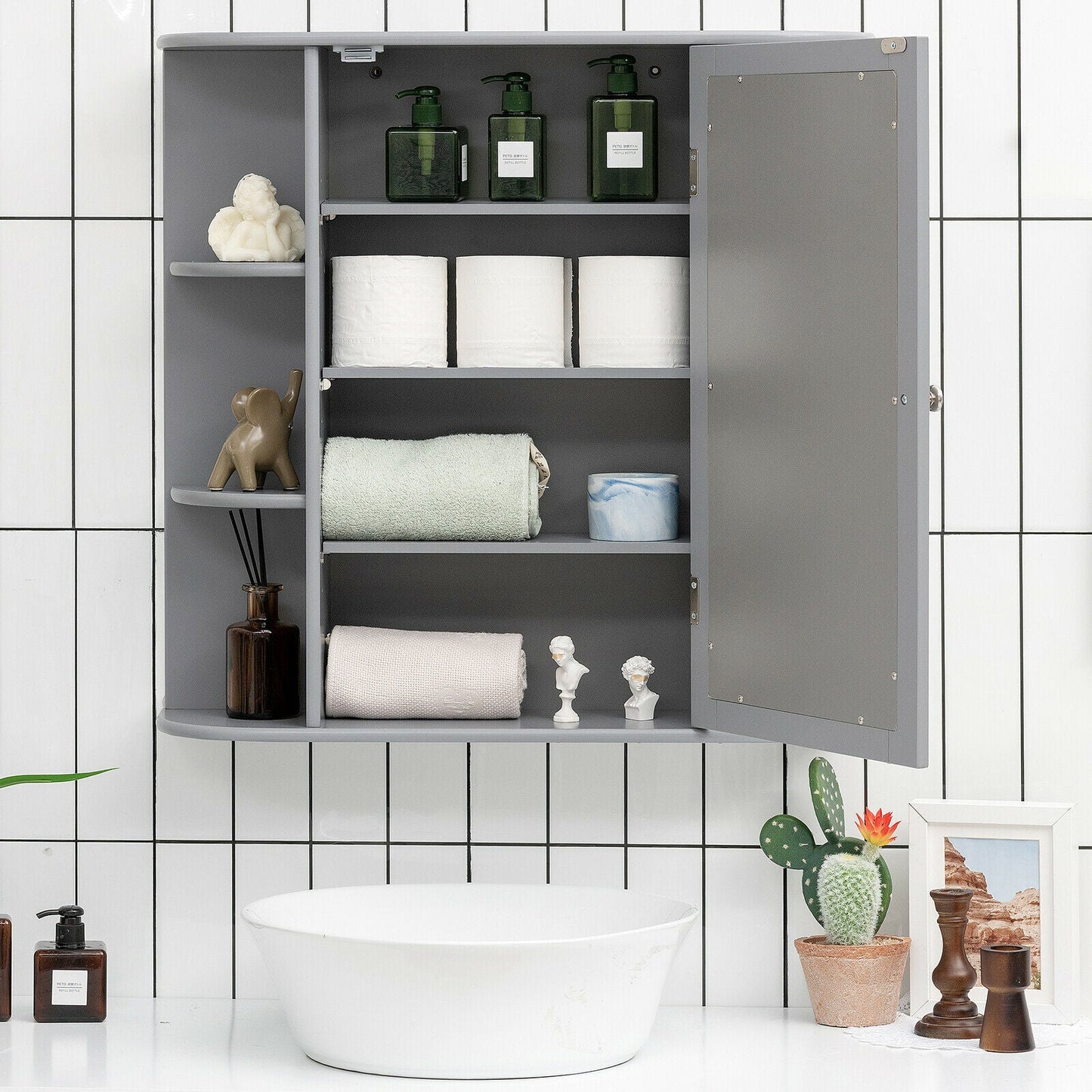 3-Tier Mirrored Wall Mounted Bathroom Cabinet-Grey