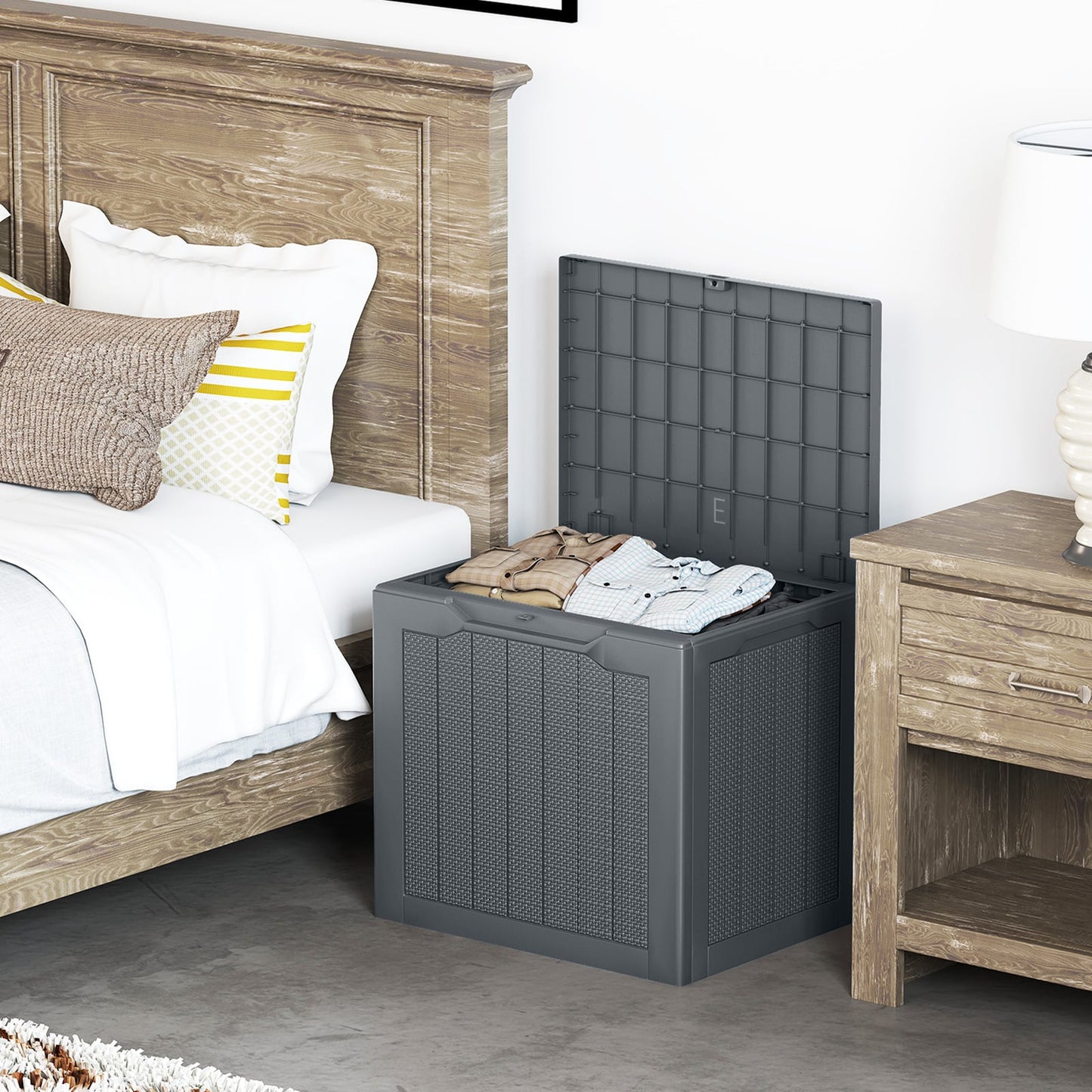 96L Outdoor Storage Box with Lockable Lid and Wicker-Woven Texture-Grey