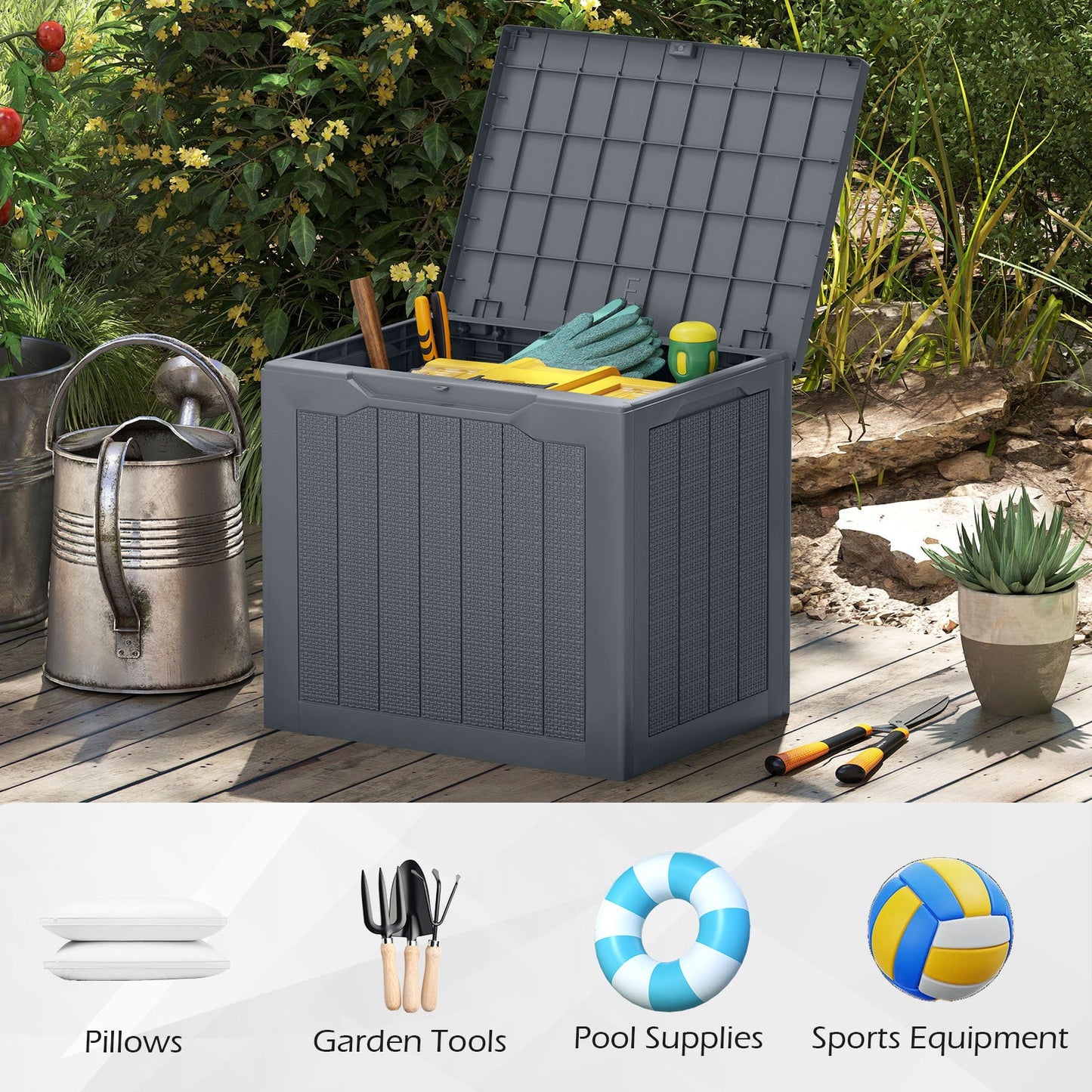 96L Outdoor Storage Box with Lockable Lid and Wicker-Woven Texture-Grey