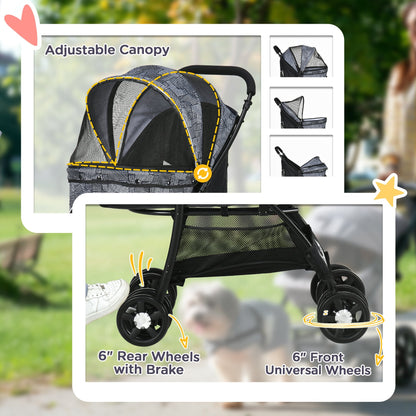 PawHut Foldable Pet Stroller for Dogs, Puppy Stroller, with Large Carriage, Brakes, Canopy - Grey