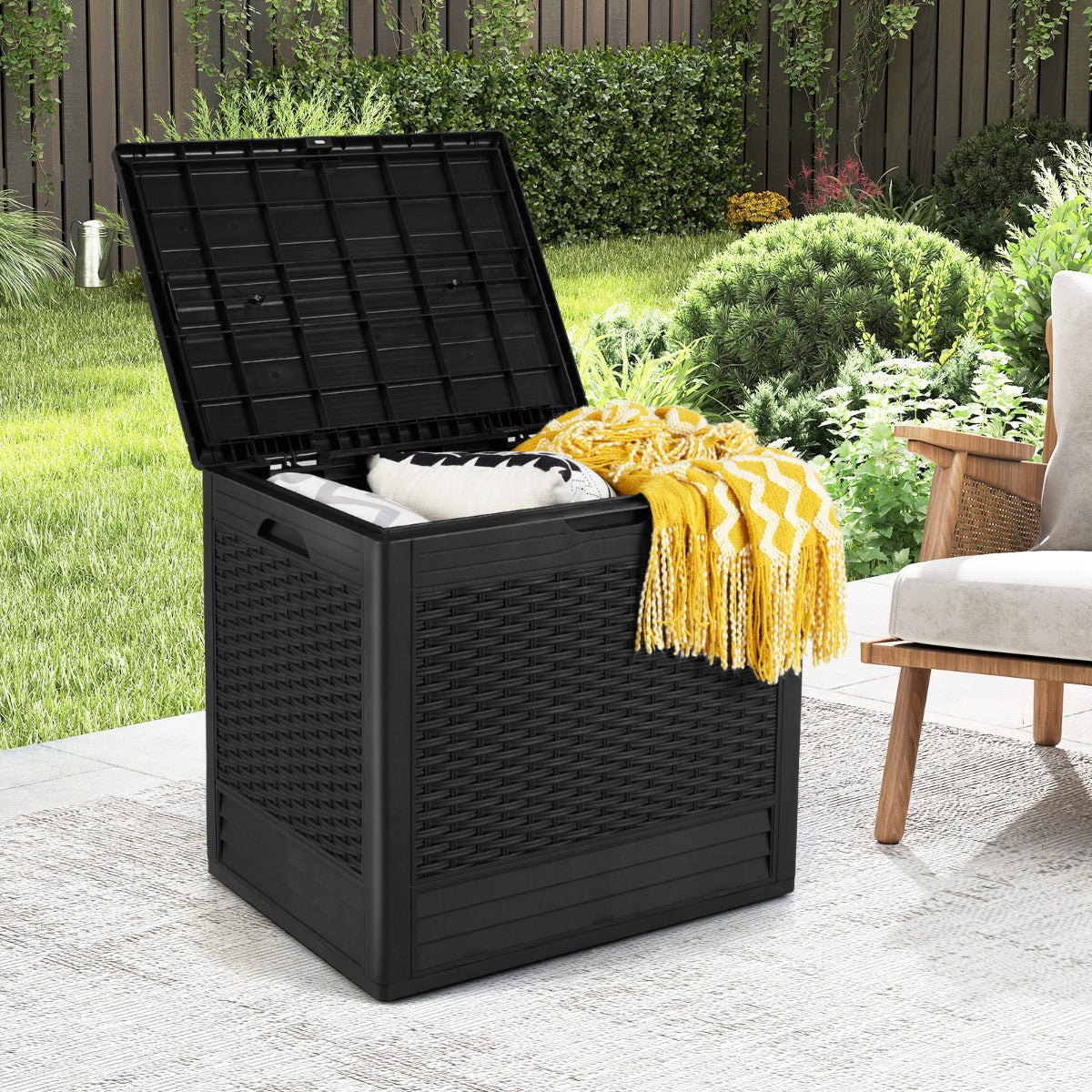 96 L Outdoor Storage Box with Rattan Patterns and Lockable Lid-Black