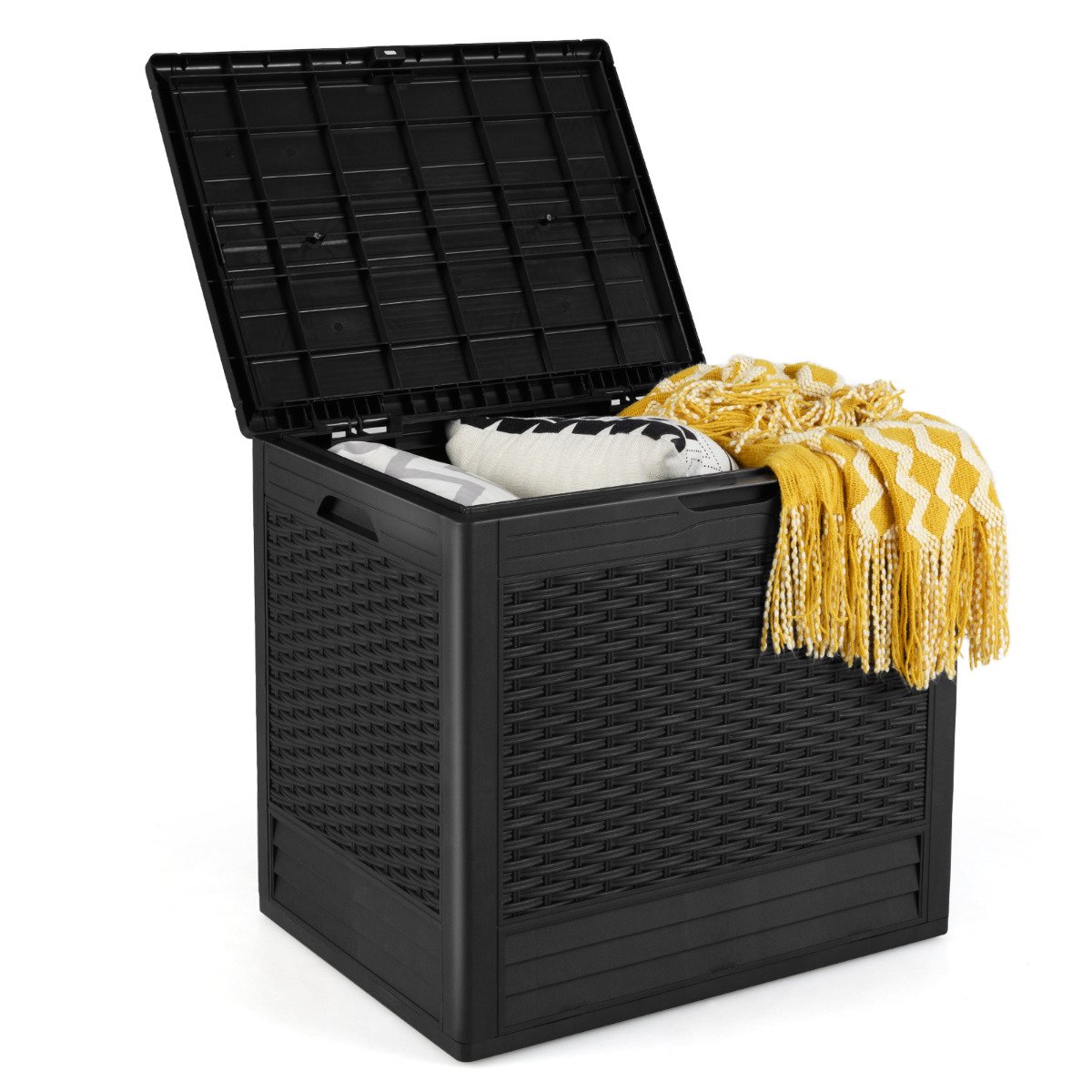 96 L Outdoor Storage Box with Rattan Patterns and Lockable Lid-Black
