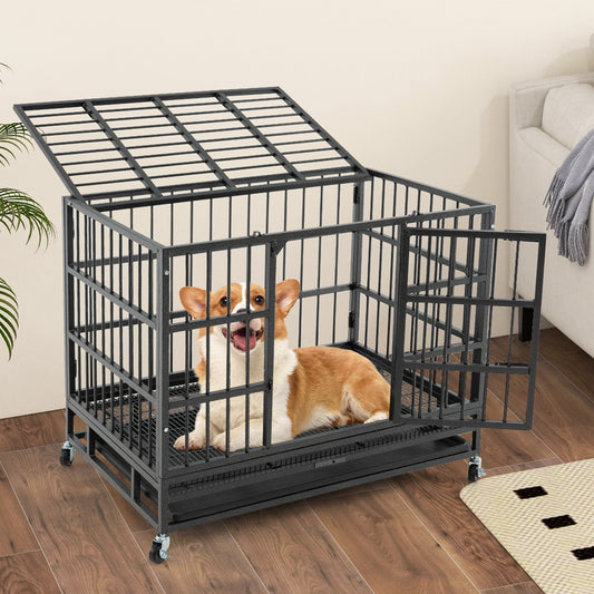 96/120cm Metal Dog Cage Foldable with Double Door and Wheels-M