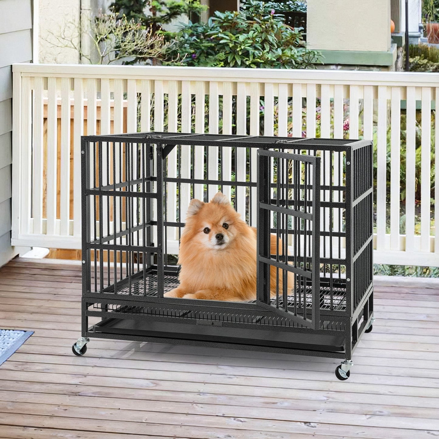 96/120cm Metal Dog Cage Foldable with Double Door and Wheels-M