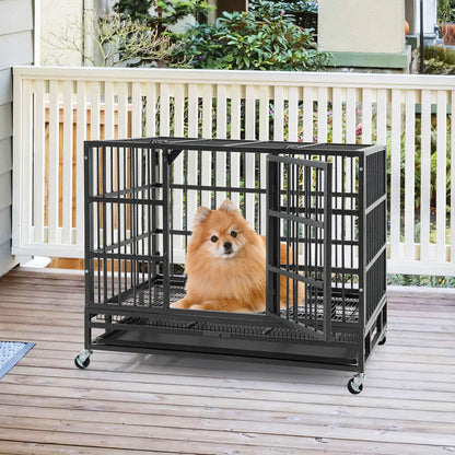 96/120cm Metal Dog Cage Foldable with Double Door and Wheels-M