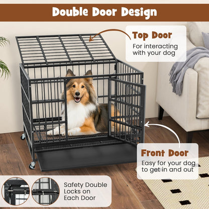 96/120cm Metal Dog Cage Foldable with Double Door and Wheels-M