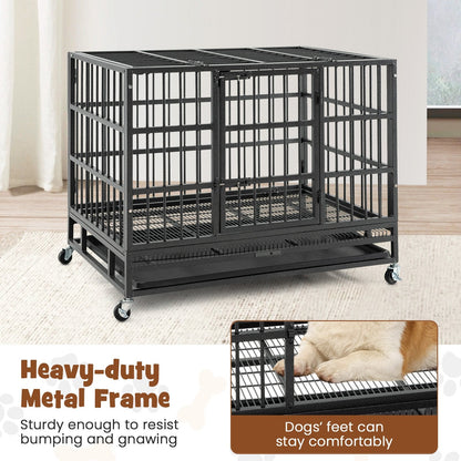 96/120cm Metal Dog Cage Foldable with Double Door and Wheels-M