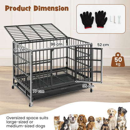 96/120cm Metal Dog Cage Foldable with Double Door and Wheels-M