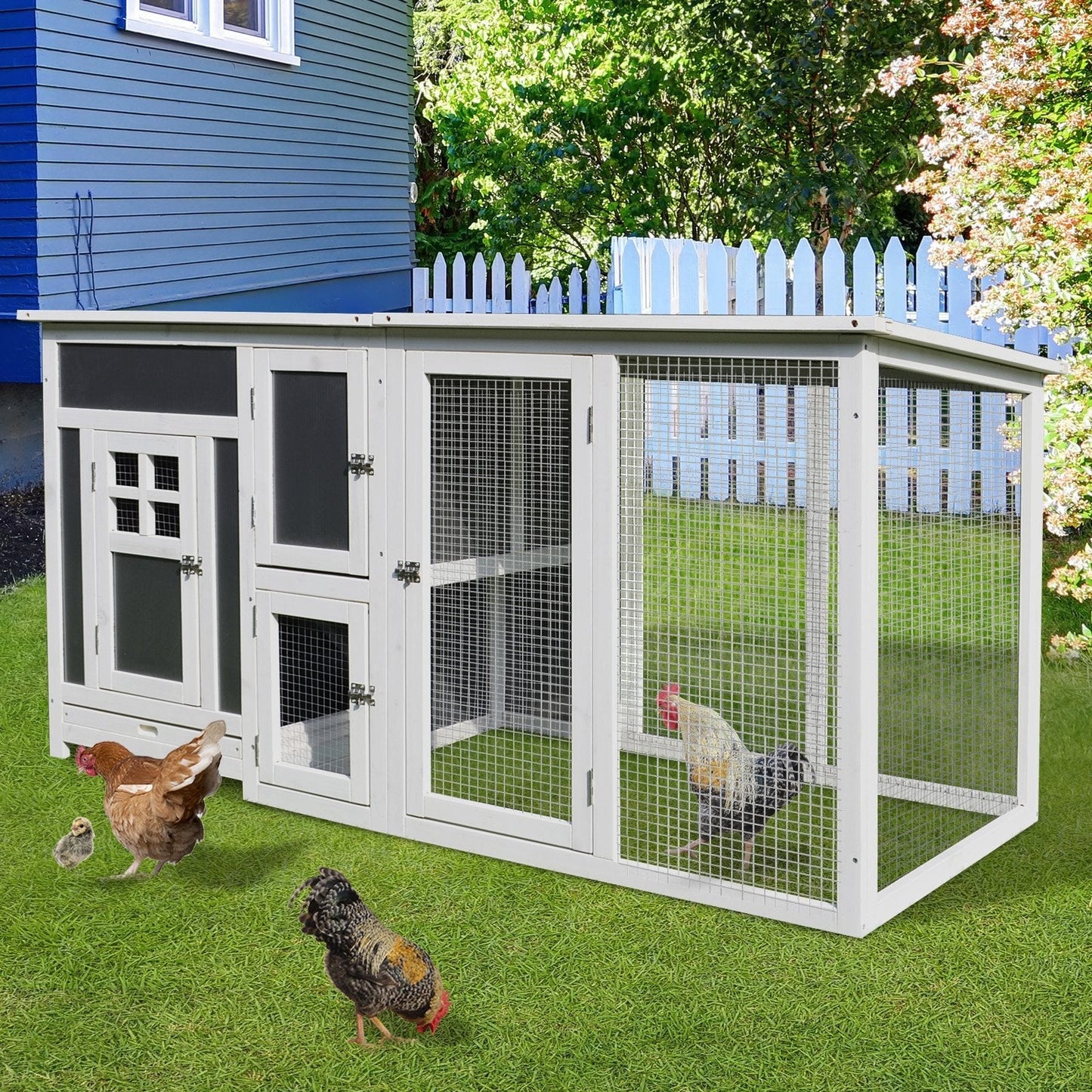 PawHut Chicken Coop, Fir Wood, 160Lx75Wx80H cm-Grey/White