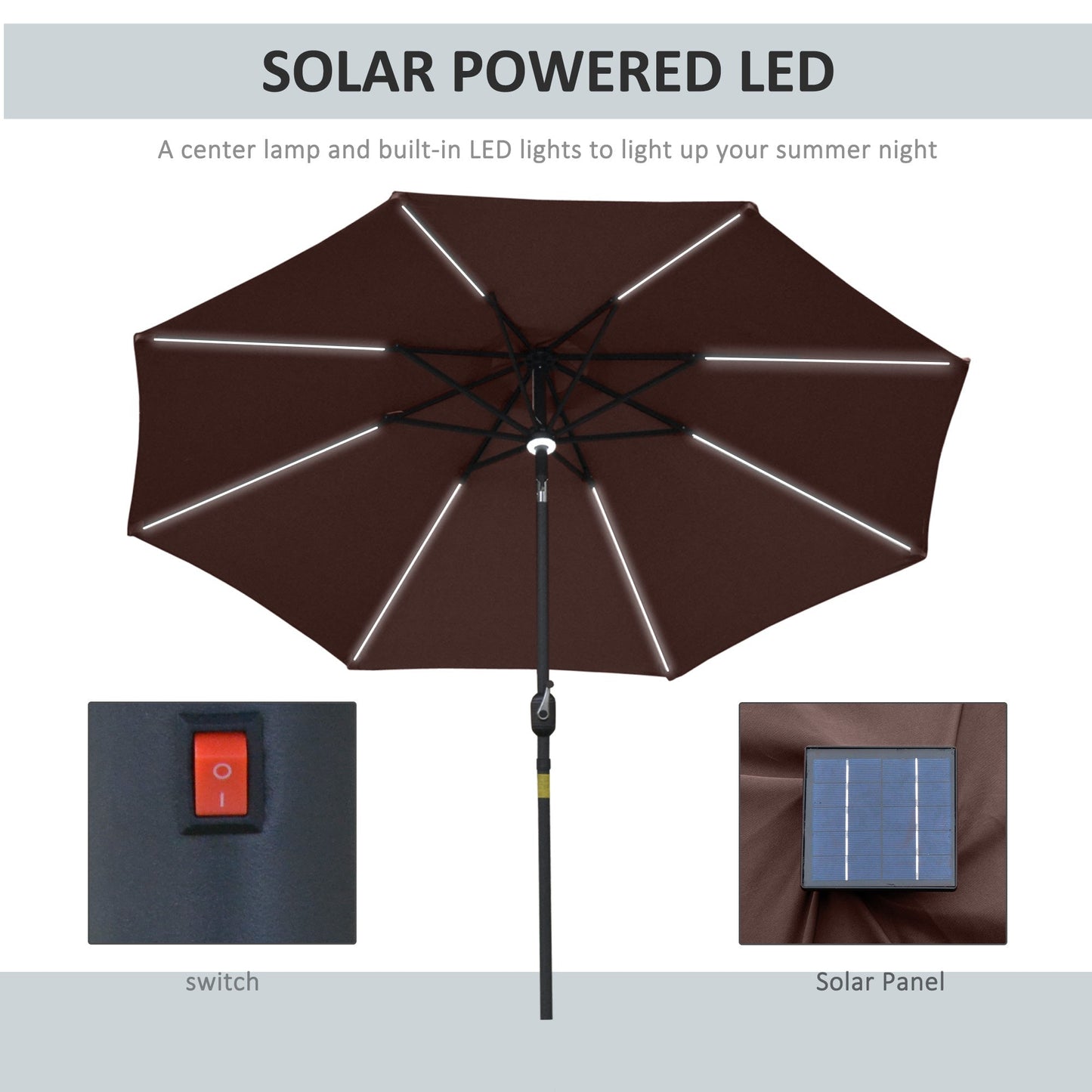 Outsunny 2.7m Garden Parasol Sun Umbrella Patio Summer Shelter w / LED Solar Light، مظلة بزاوية، فتحة تهوية، إمالة كرنك، بني فاتح