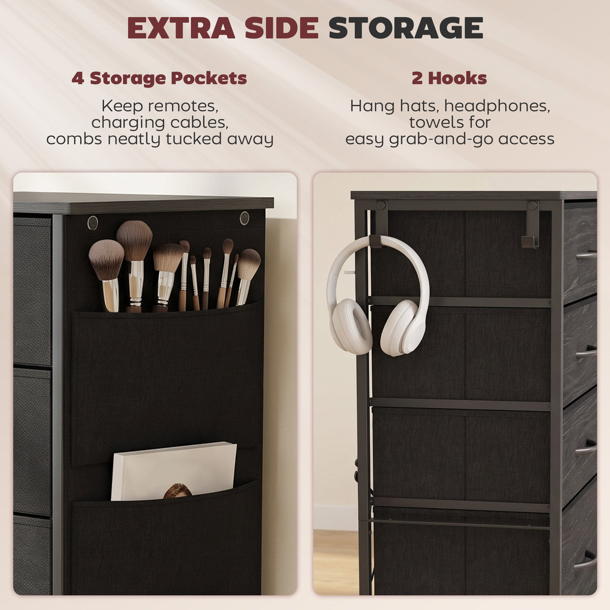 HOMCOM Chest of Drawers, Dresser with 8 Fabric Drawers, Tall Storage Unit with 4 Pockets and 2 Hooks Steel Frame, Black