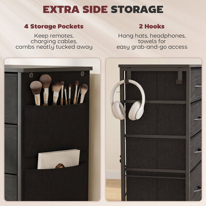 HOMCOM Chest of Drawers, Dresser with 8 Fabric Drawers, Tall Storage Unit with 4 Pockets and 2 Hooks Steel Frame, Black