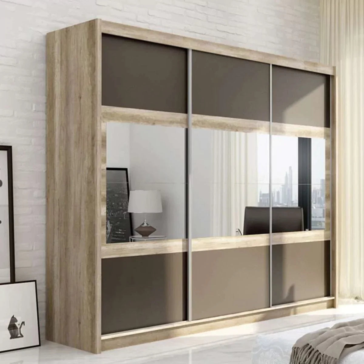 Windsor Sliding Door Mirror 250cm Wardrobe - Oak Canyon and White