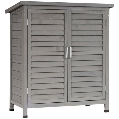 Outsunny Garden Shed Wooden Garden Storage Shed 2 Door Unit Solid Fir Wood Garage Tool Organisation Cabinet, 87L x 46.5W x 96.5Hcm, Grey