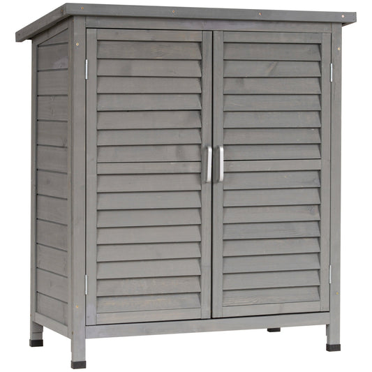 Outsunny Garden Shed Wooden Garden Storage Shed 2 Door Unit Solid Fir Wood Garage Tool Organisation Cabinet, 87L x 46.5W x 96.5Hcm, Grey