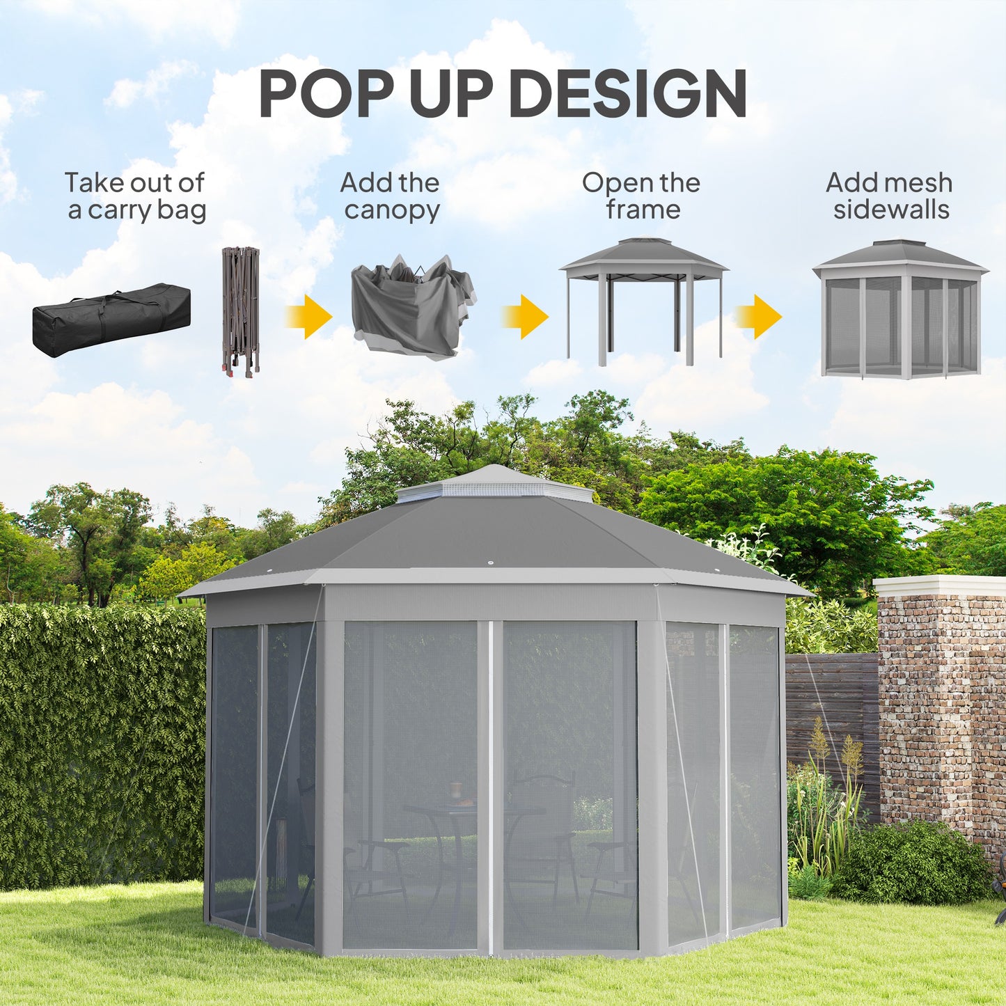 Outsunny 3 x 4m Altana ogrodowa Hexagon Pop Up Altana imprezowa Baldachim Podwójny dach Natychmiastowe schronienie z siatką i torbą transportową na patio na zewnątrz, ciemnoszary