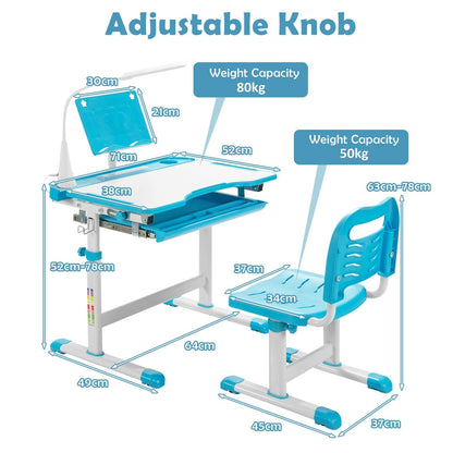 Height Adjustable Kid's Tilted Desk Set with Lamp & Drawer-Blue