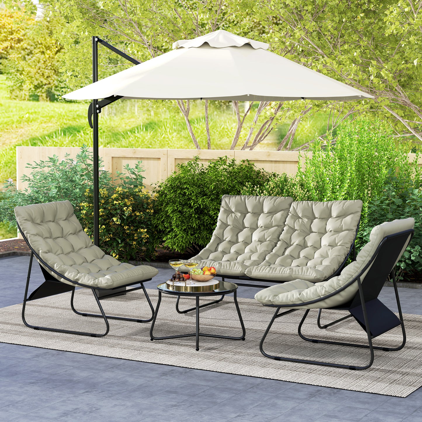Outsunny 4 Seater Garden Furniture Set, Conversation Set with Loveseat Sofa, Chairs, Glass Coffee Table, Thick Cushions, Steel Outdoor Sofa for Balcony, Poolside, Conservatory, Light Grey
