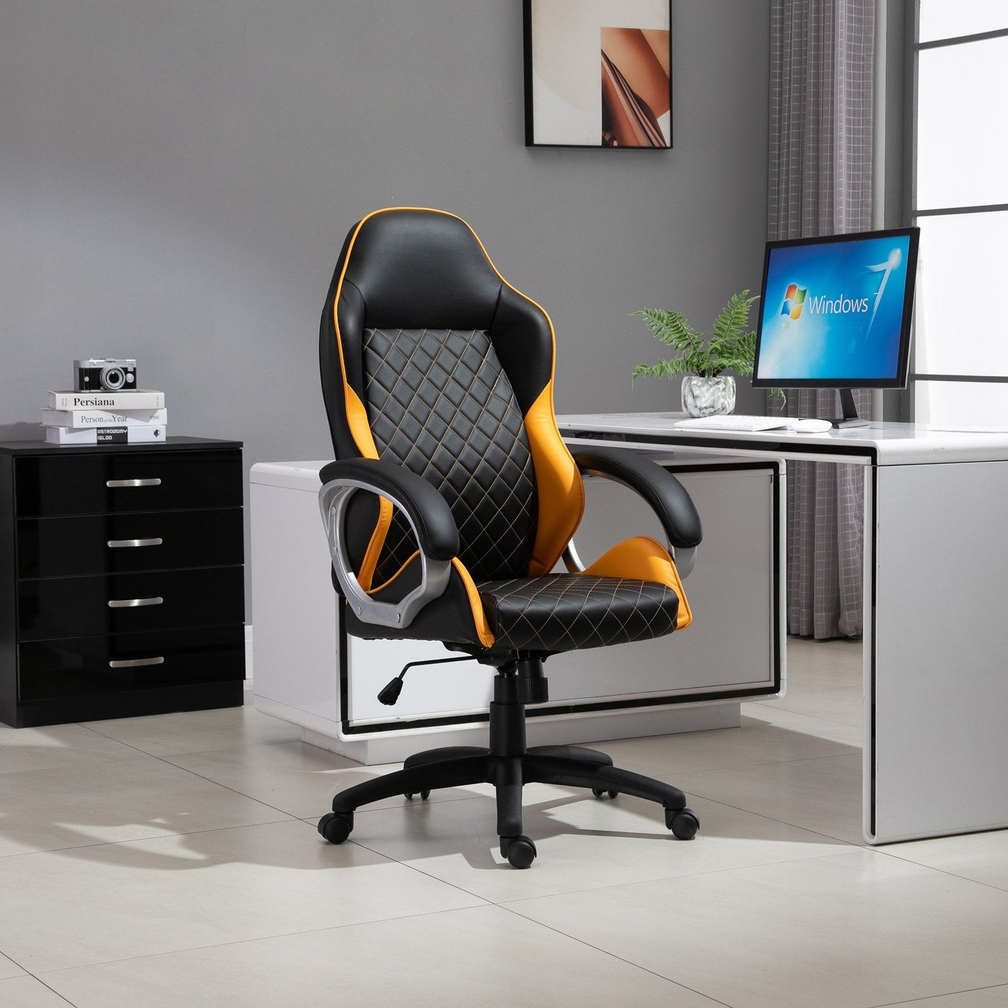 Vinsetto Office Chair Faux Leather Diamond Line High-Back Rocker Swivel Desk Chair Orange