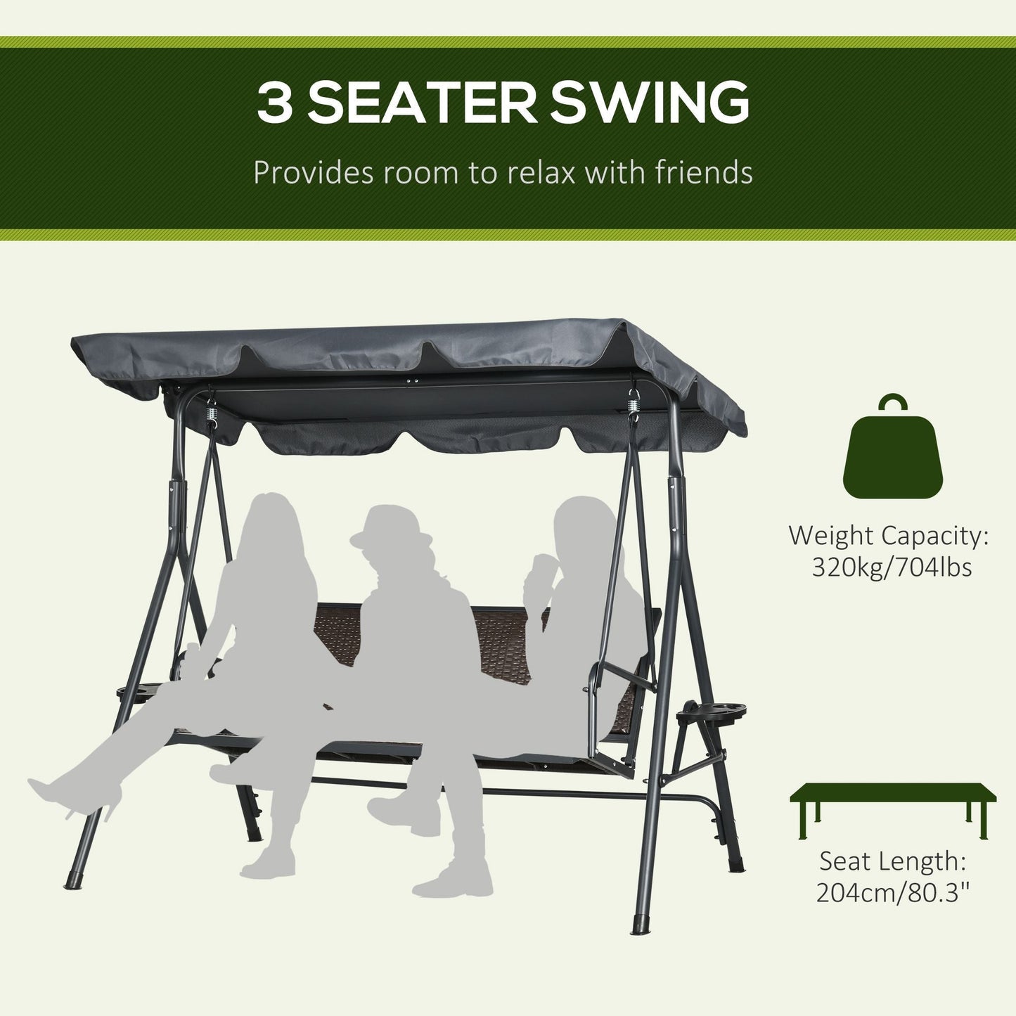 Outsunny 3 Seater Swing Chair, Garden Swing Seat Bench with Adjustable Canopy, Rattan Seat, and Steel Frame for Patio, Yard