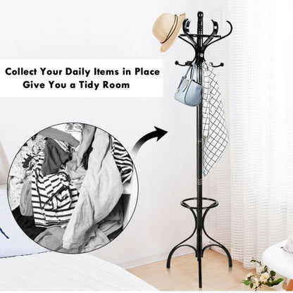 Practical Birch Coat Stand with 360°Rotating Top Tier for Hat &amp; Jacket-Black