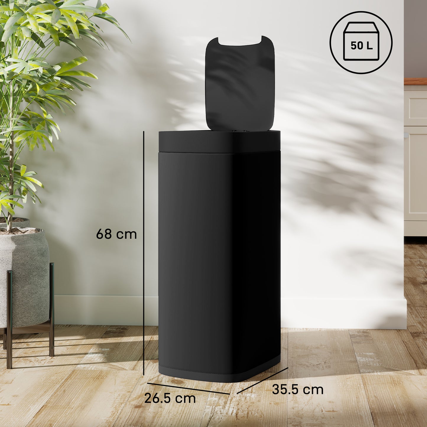 HOMCOM 50L Sensor Bin, Automatic Kitchen Bin, Manual Override, Battery Operated, Inner-Bucket-Free, for Kitchen, Bedroom, Black