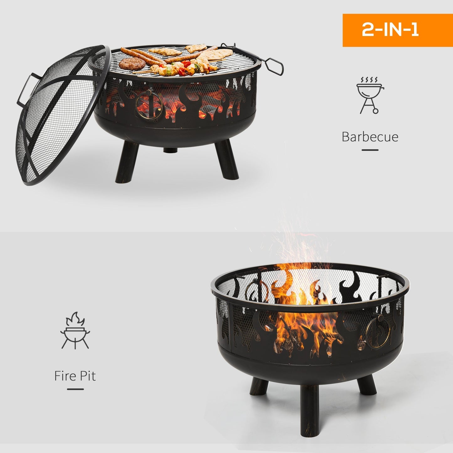 2-in-1 Outdoor Fire Pit with Cooking Grate Steel BBQ Grill Bowl Heater with Spark Screen Cover, Fire Poker for Backyard Bonfire Patio